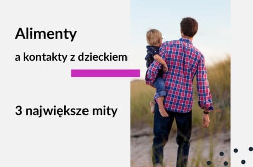 Grafika ilustrująca artykuł na tema: a kontakty z dzieckiem. Ojciec trzyma dziecko na rękach, mały chłopiec. Tekst na grafice: adwokat kobiet, Alimenty a kontakty z dzieckiem; 3 największe mity.