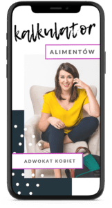Kalkulator alimentów 2020, narzędzie stworzone przez Adwokat Aleksandrę Wejdelek-Bziuk, do pobrania za darmo, mockup telefon z okładką.
